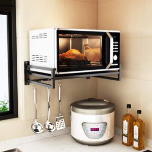 TriGold Microwave Oven Shelf Wall Mounting, Kitchen Organiser Floating Shelves with 5 Hooks Electric Oven Carrier for Kitchen Dining Room Black