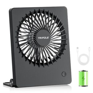TriPole Desk Fan, Battery Operated, 180° Portable Fan, 3-Speed USB Fan, Ultra Thin Mini Fan for Home Office Travel Gifts for Women Men, Black