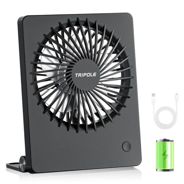 TriPole Desk Fan, Battery Operated, 180° Portable Fan, 3-Speed USB Fan, Ultra Thin Mini Fan for Home Office Travel Gifts for Women Men, Black