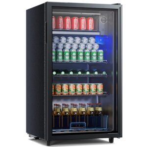 TRIUMPHKEY Drinks Refrigerator, 85 L Fridge Small with Blue LED Lighting, Beer Fridge with Full Glass Design Door, with 4 Shelves and Bottle Holder for Soda/Beer/Wine [Energy...