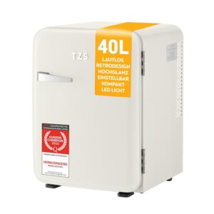 TZS First Austria Mini Fridge 40 L | Completely Silent | Retro Design | Temperature Controller | LED Lighting | 2 Door Compartments + 6 Flexible Shelves