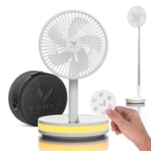 VENTY Portable Fan - Cordless Battery Operated Fan, 48 Hours Runtime, Remote Control & LED Lighting, Folding Telescopic Camping Fan (White with Case)