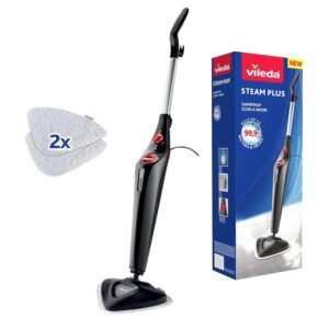 Vileda Steam Plus Steam Cleaner, Hygienic Floor Cleaner, Removes up to 99.9% of Bacteria and Viruses*, All Floors, Ideal for Carpets, Wide Black