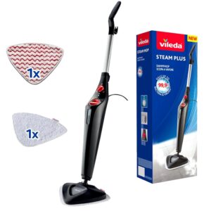 Vileda Steam Plus Steam Cleaner with PowerPad and Microfibre Replacement Cover, Removes up to 99.9% of Bacteria and Viruses, for All Floors, Ideal for Carpets, Eco Packaging
