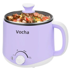 Vocha Electric Hot Pot, 1.6 L Small Cooking Pot with Warming Function, Portable Fast Soup Pot, Multi Travel Cooker for Soup/Ramen/Pasta/Oatmeal/Egg, with Dual Power (Purple)