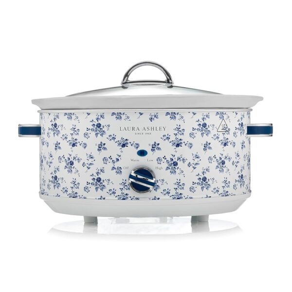 VQ Laura Ashley 6.5 Litre Slow Cooker with China Rose Print Slow Cooker for 8 to 10 People, Energy Efficient, with 3 Heat Settings and a Tempered Glass Lid for Easy Monitoring