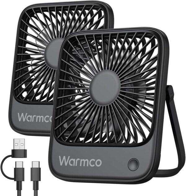 Warmco USB Table Fan, Pack of 2, USB C Wired Personal Fan with Strong Air Flow and Quiet Operation, 3 Speeds, Compact and Foldable, Ideal for Office and Home