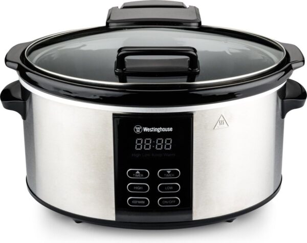 Westinghouse Slow Cooker 6.5 Litre Slow Cooker Stainless Steel Cooking Pot with Warming Function, Cool Touch Handles, Timer and Integrated Ceramic Pot