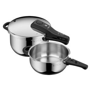 WMF Perfect One Pot Pressure Cooker Induction Set, 2 Pieces, 4.5 L + 3 L, Large Cooking Signal, 2 Cooking Levels, Removable Lid Handle, Suitable for All Hob Types, Stainless Steel