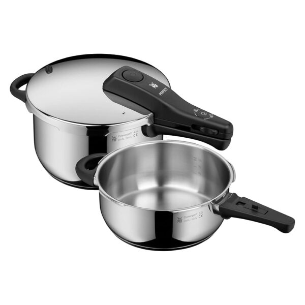 WMF Perfect One Pot Pressure Cooker Induction Set, 2 Pieces, 4.5 L + 3 L, Large Cooking Signal, 2 Cooking Levels, Removable Lid Handle, Suitable for All Hob Types, Stainless Steel
