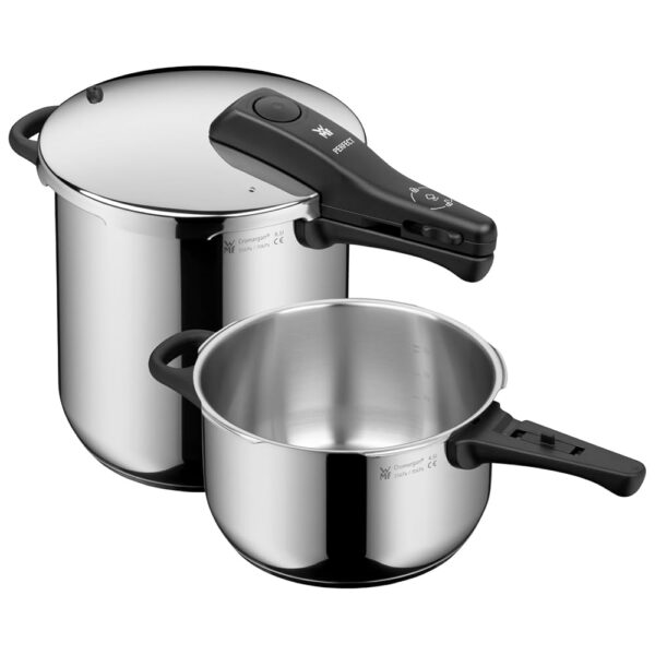 WMF Perfect One Pot Pressure Cooker Set Induction 2-Piece Pressure Cooker 8.5 L + 4.5 L without Insert, Large Cooking Signal, 2 Cooking Levels, Removable Lid Handle
