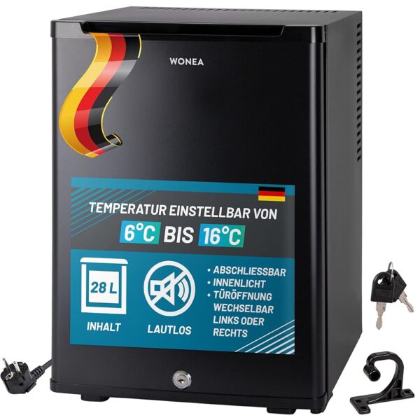 WONEA 28 Litre Mini Fridge Silent Mini Fridge with Lock, Mini Bar Lockable Silent, Door Hinge Changeable, Approx. 6°-16°C, Height 48 cm, Interior Lighting, Wine Fridge