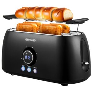 XXL Toaster 4 Slices with Bun Attachment, Black Toaster, Digital Display, Automatic Shut-Off, Long Slot Toaster